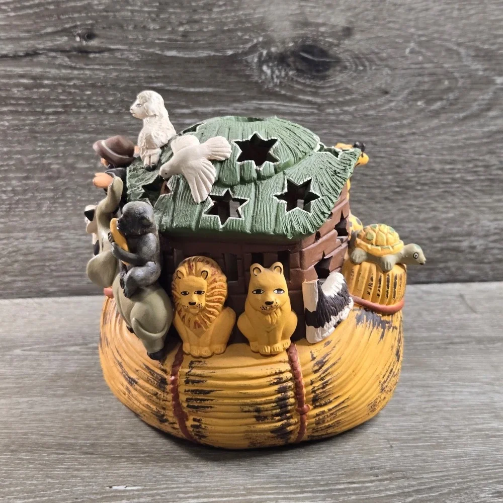 Vintage Noah's Ark Ceramic Votive Tea Light Candle Holder Hand Painted Animals